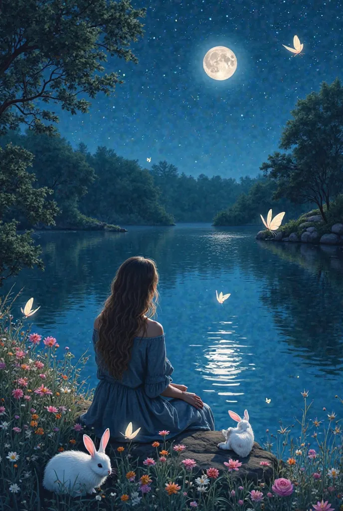 A woman sitting on the edge of a lake that reflects the stars. It is surrounded by night flowers and white bunnies. Luminous butterflies fly around, and the moonlight creates magical reflections in the water.
 realistic drawing style 