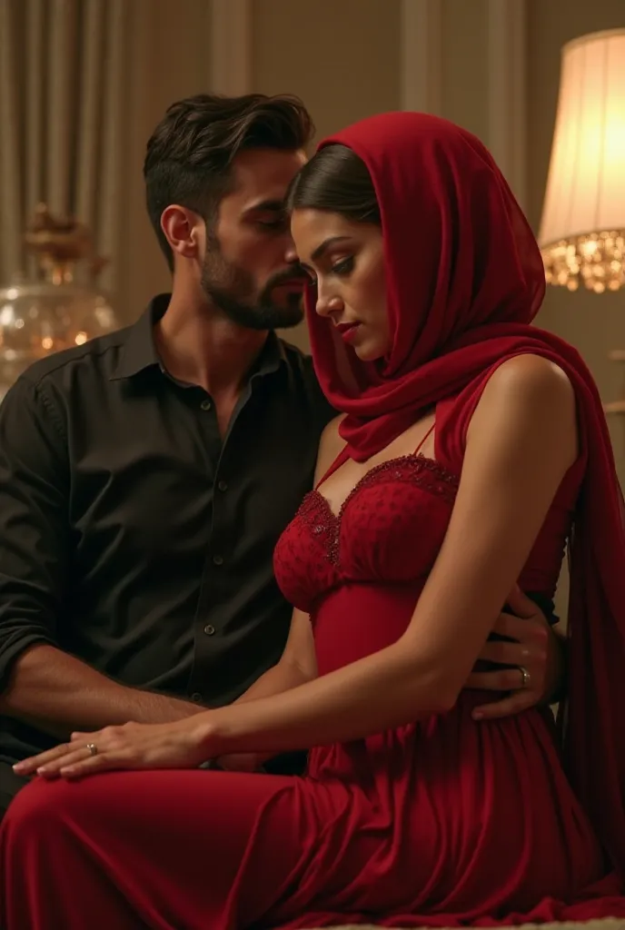 A veiled Arab woman, wearing a tight, seductive red dress, sits in the arms of a handsome man, both of them in love. Across the room, another man watches the scene with interest, his eyes filled with love.