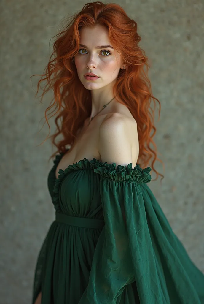 Create a standard hyper realistic woman, curly red hair, brown eyes, woman wearing a long green dress