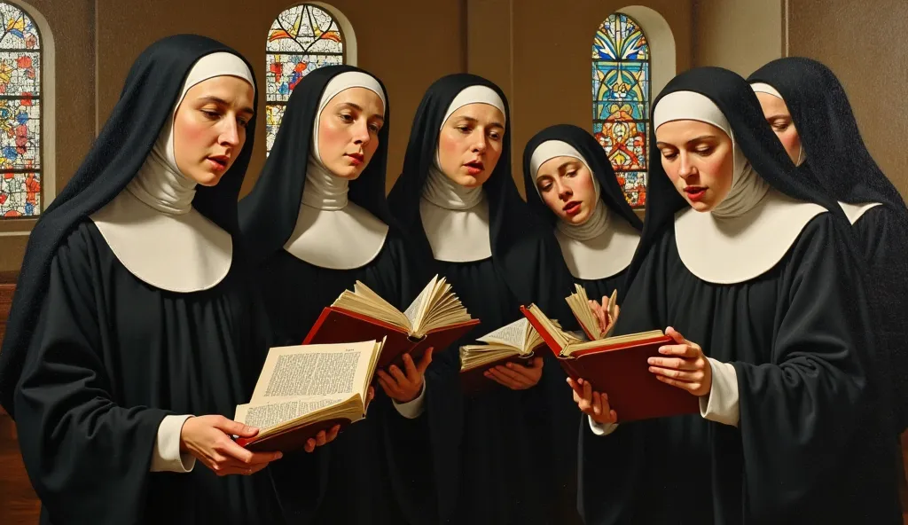 (A high-definition Renaissance-style painting oil on canvas, with rich details). Saint Scholastica and other nuns singing sacred hymns in the convent chapel, with colored stained glass windows in the background reflecting soft lights.