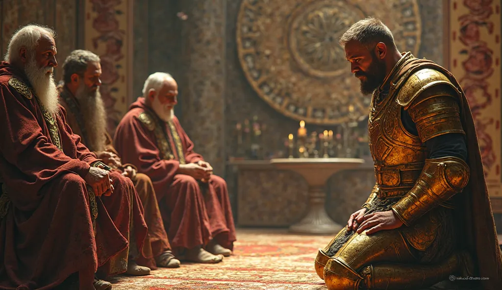 A warrior in golden armor, kneeling before a council of wise mentors, receiving guidance before his next battle.