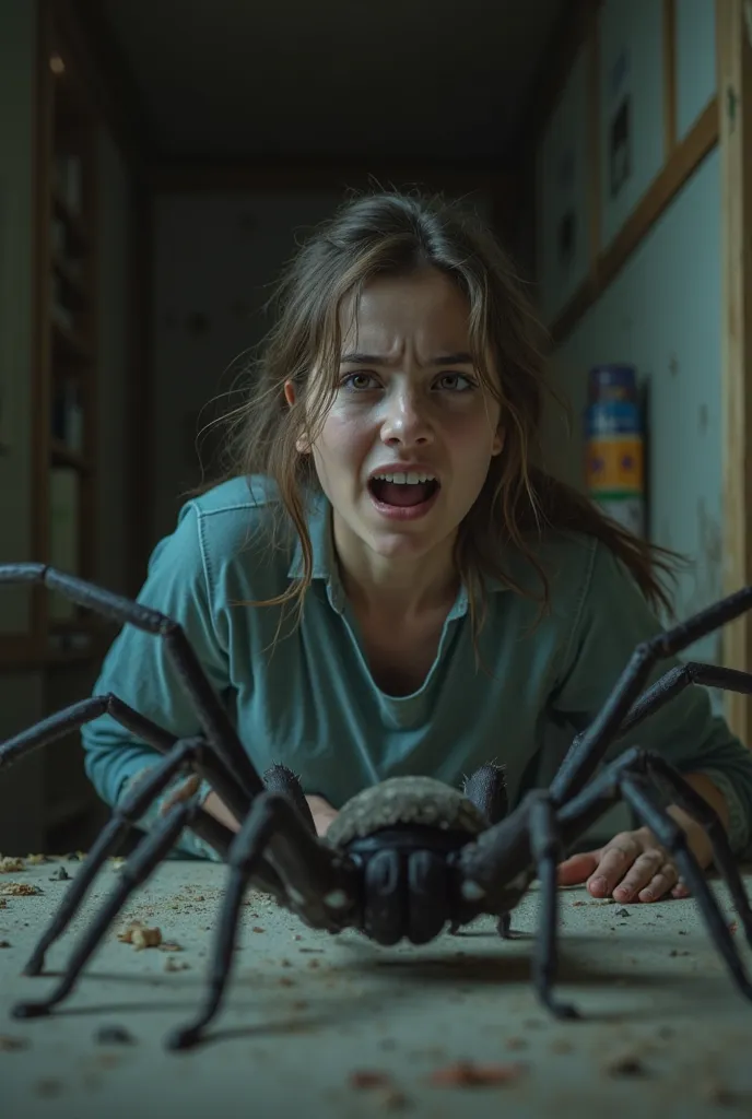 A girl hitting herself scared by a spider.  Hyperdetailed , realistic, cinematic, epic details, ultra-sharp, UHD.