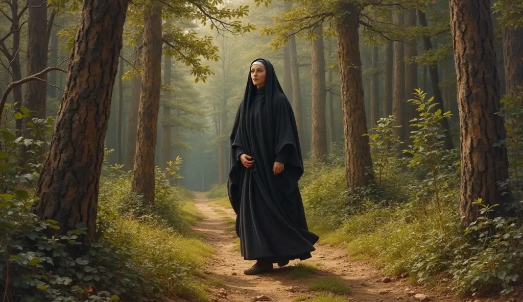 (A high-definition Renaissance-style painting oil on canvas, with rich details). Saint Scholastica walking through a silent forest, with an expression of tranquility and spirituality, surrounded by the beauty of nature.