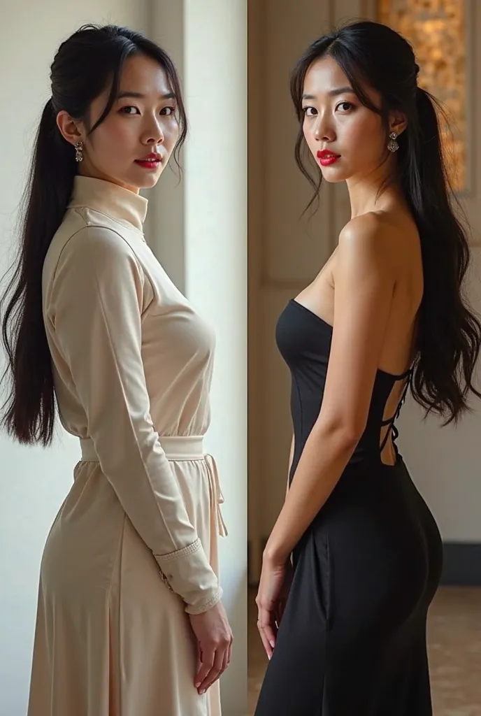 **"A split-image comparison of Izzy, a stunning Korean woman in her mid-40s, showcasing her transformation. On the left side, Izzy appears more traditional, dressed conservatively in a modest, elegant outfit—perhaps a high-neck blouse and a long skirt. She...