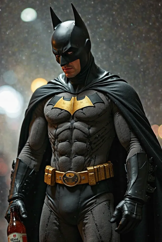 batman costume with a beer bottle in his hand, a photo inspired by Frank Miller, tumblr, neo-dada, ryan renolds as batman, david spade as batman, the batman, walter white as batman, full costume, batman, catman, super hero costume, from movie batman, anigi...