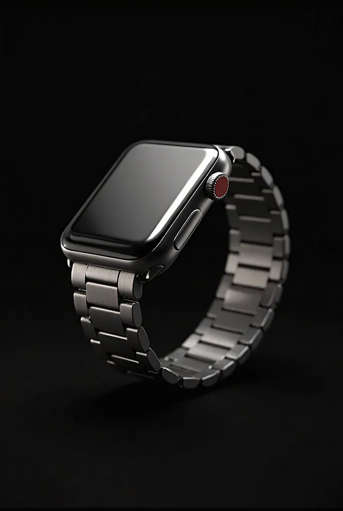 "A highly detailed, photorealistic image of a modern smartwatch with a metallic silver band and a sleek, reflective screen. The smartwatch is placed against a solid black background, enhancing its premium and futuristic appearance. The brushed metal links ...