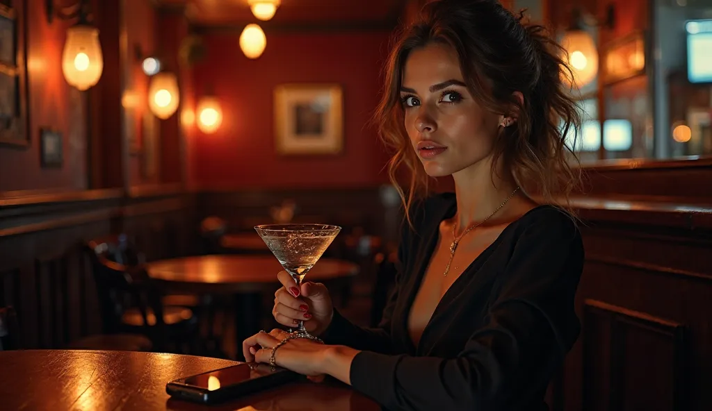 A confident European woman with striking eyes, sitting in a dimly lit jazz bar. She holds a cocktail glass, listening to the music, while casually ignoring her buzzing phone on the table. Her posture radiates independence and intrigue.

