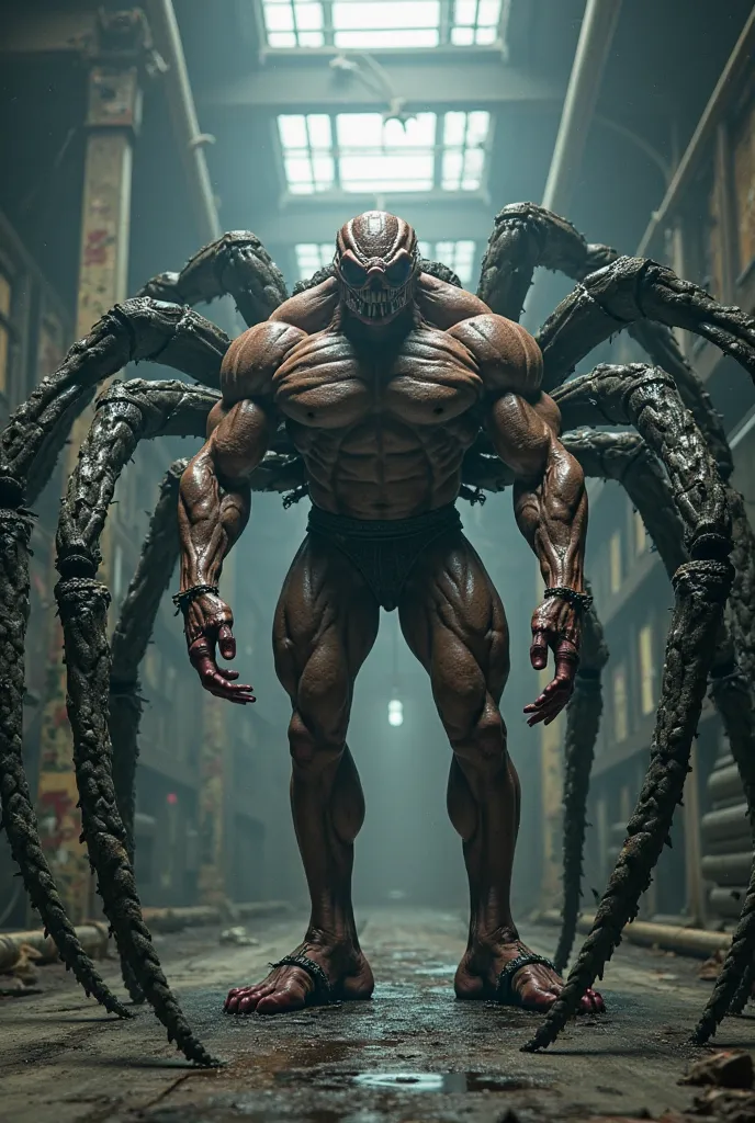 Create a spider with a human body, Who trains at the gym and is very strong, bodybuilder style legs with men's arms, Man's legs, Man's trunk, more with eight very muscular arms