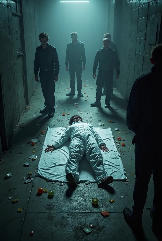 "Create a haunting crime scene image with a body lying on the ground, covered with a white sheet, surrounded by professionals in dark clothing. The scene should have an ominous atmosphere, with a sense of dread and cruelty lingering in the air. The profess...