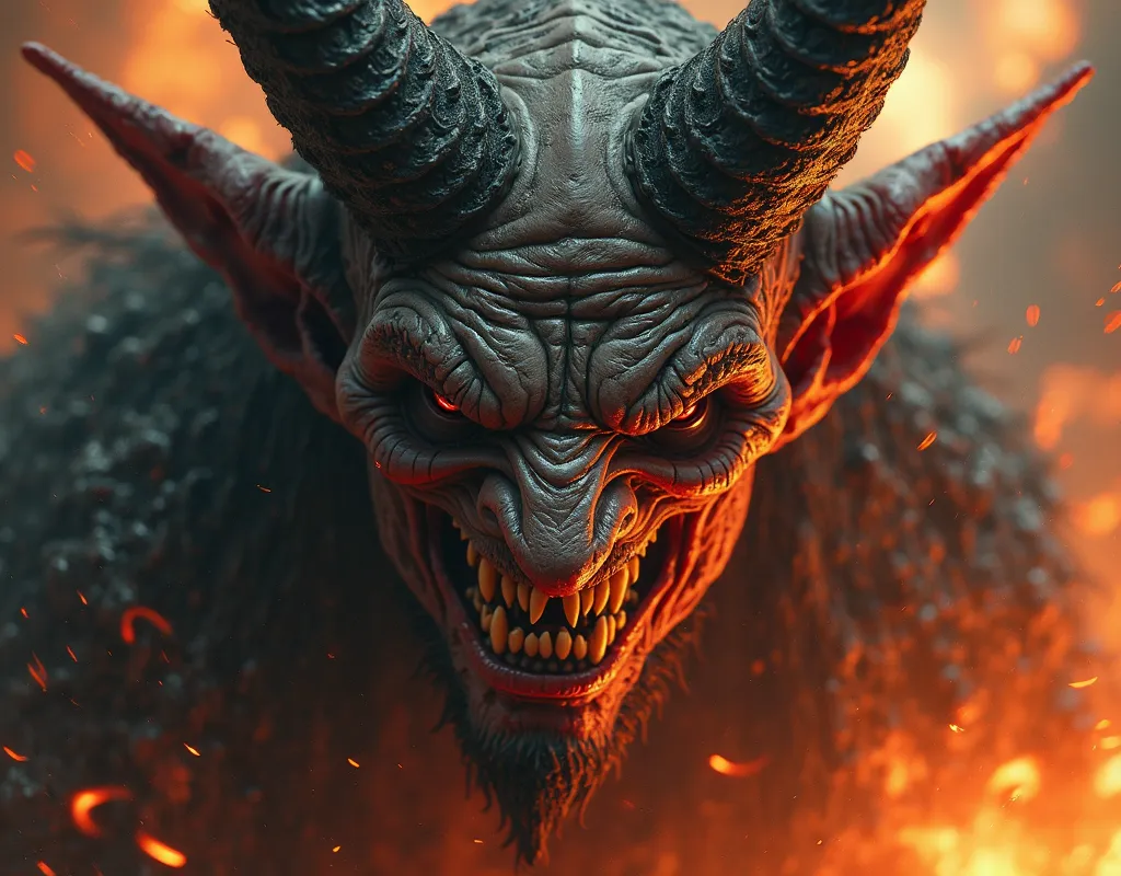 "Close-up of Satan, smiling with sharp teeth and penetrating eyes. His face shows a mixture of anger and triumph. behind, a background of flame and smoke, with flashes of faint light.  hyperrealism, detailed textures on the skin and horns."