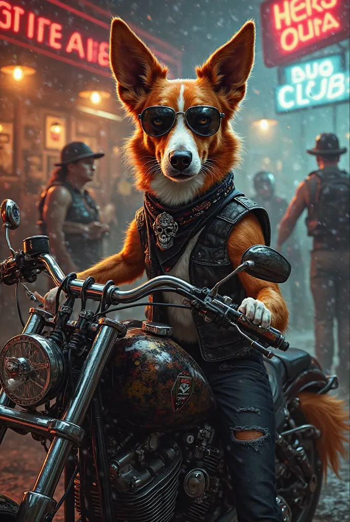 A hyper-realistic digital painting of a red-and-white short-haired Saluki as the president of the ‘Hells Salukis’ motorcycle club. The Saluki wears a rugged black leather vest with the club’s emblem boldly displayed on the back, a skull-embroidered bandana...