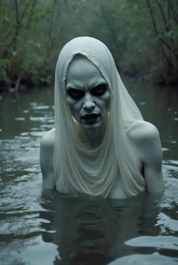 The image shows a frightening figure emerging from the water. The creature has pale, almost white skin, dark eyes and backgrounds with no visible pupils, slightly open mouth looking  and wearing a white veil that covers her head and shoulders. The scene ta...