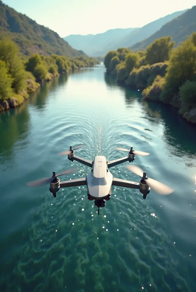 Drone flying jn the river