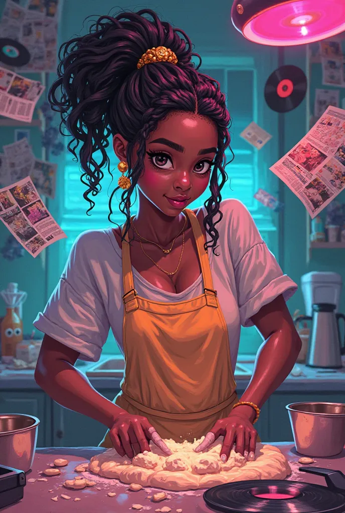 "Afrofuturism anime portrait, dark-skinned ambivert woman with braided crown hairstyle, gold earrings, mixing dough in magical kitchen, surrounded by floating manga pages and vinyl records, neon accents, vibrant colors, digital painting style, 8k --v 6 --a...