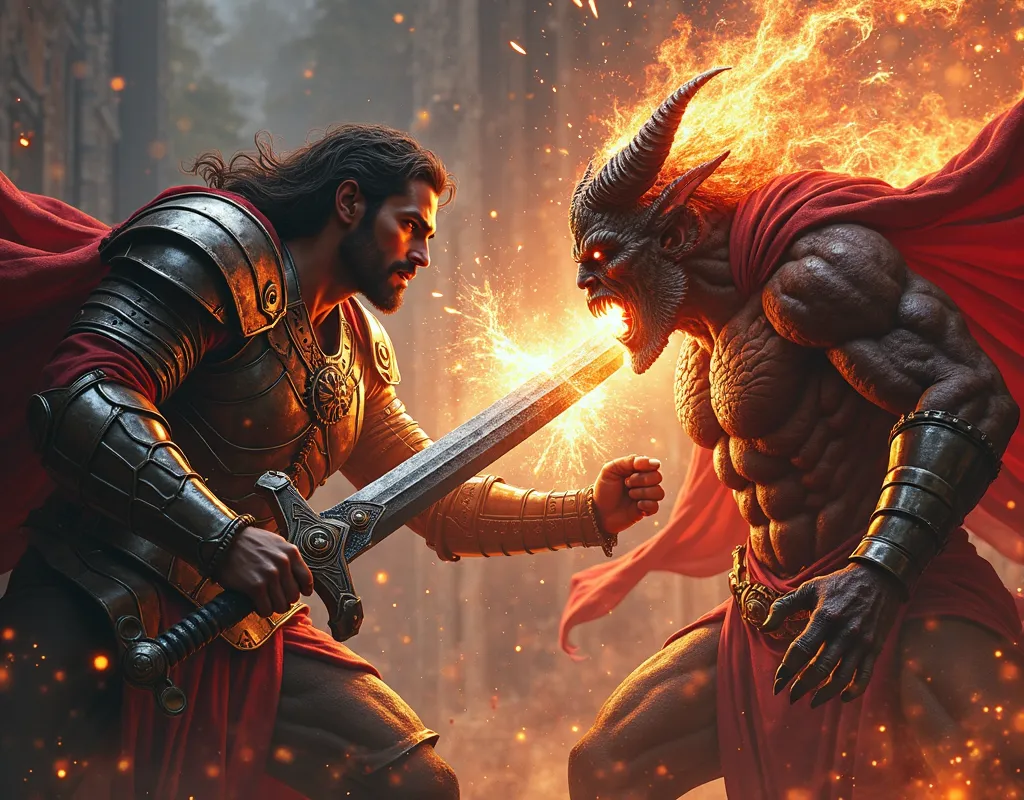 Close-up of the collision between Michael's sword and Satan's claws, with sparks and brilliant energy coming out of the impact. The faces of both show determination and anger.  hyperrealism, detailed textures on weapons and expressions."