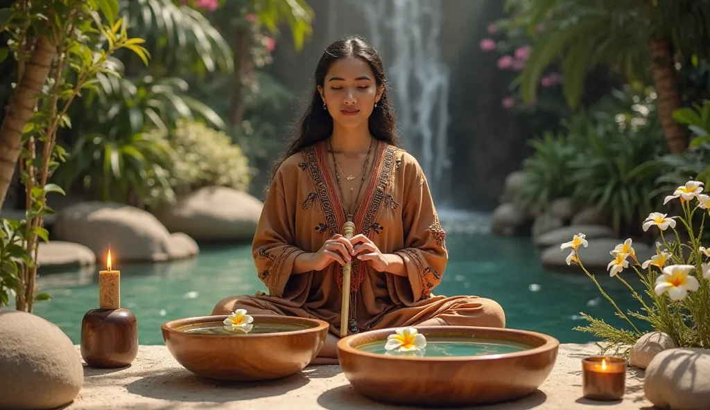 "a young lady, , wears a traditional tunic of earthy tones with details inspired by Mexican culture. He is seated in a Zen environment, surrounded by a garden with lush vegetation and a background of soft waterfalls. In front of him, two wooden bowls with ...