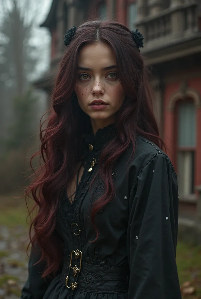 A very swarthy girl with Central Asian features eyes dark brown hair dark maroon stands at full height outside the house Gothic style dressed in Gothic style