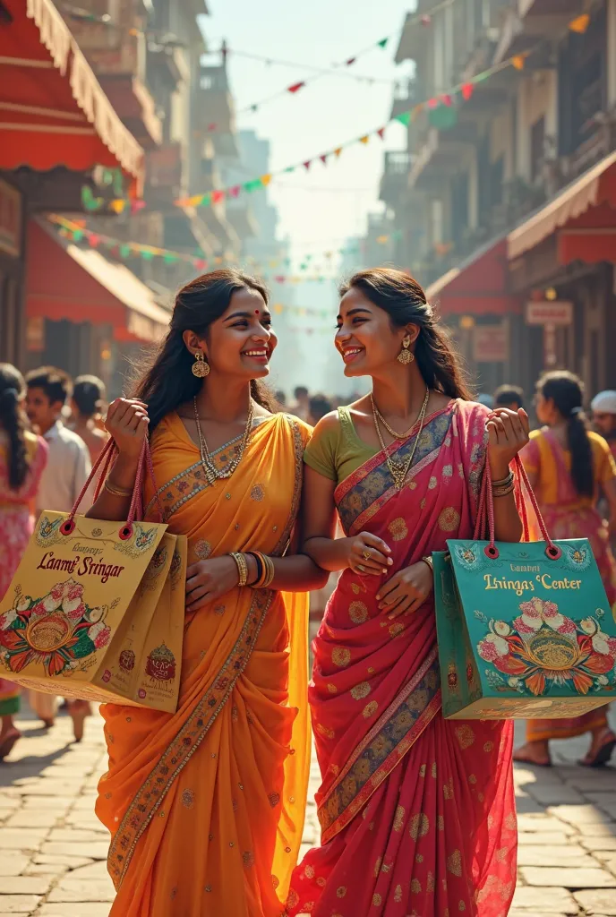 2 indian girls with shopping bag and Laxmi sringar center  write on shopping bag 