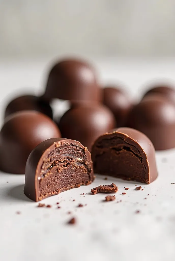 Chocolate candies broken in half on white table 