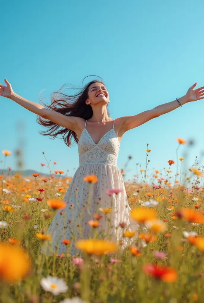 Wildflower Field — A woman spinning with her arms open in a flowery field in the wind, with eyes closed and a smile of gratitude on her face. The colorful flowers move softly with the breeze, and the vibrant blue sky completes the scene. The photograph tra...