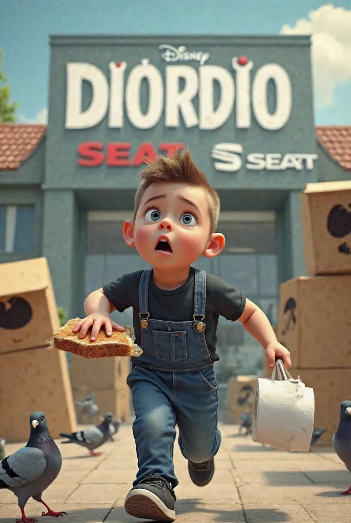 A boy with a short haircut, wearing a black T-shirt and navy blue work suspenders, with a slightly oversized head, is running away in fear from a car dealership with a SEAT logo. In the background, pigeons, cardboard monsters, and cardboard boxes are chasi...