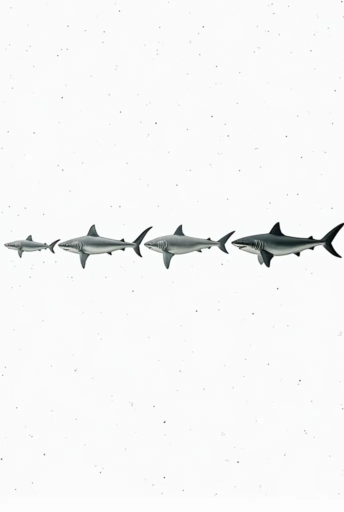 An image similar to a well-known illustration of human evolution, but instead of humans, sharks are depicted at different stages of their evolution. All the figures are arranged in a row, showing gradual changes in body shape, fins and jaws. The background...