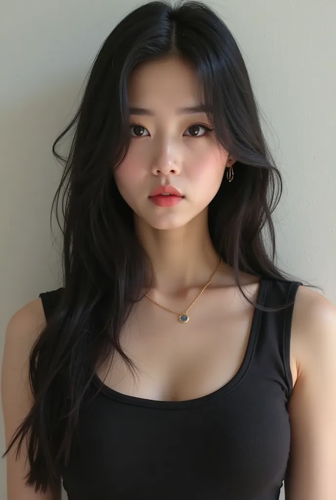 Create a Korean woman with a serious face, piel blanca,  very straight and long black hair, big breasts, that has a black sleeveless t-shirt with a,  full lips and long eyelashes , I don't want her to look tender