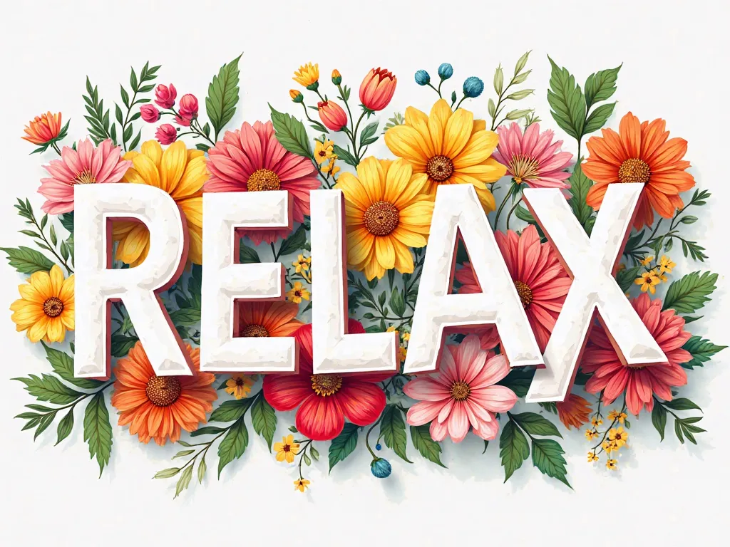 Prompt: "Create a colorful vector-style image featuring the word 'RELAX' in bold, uppercase, plain white text. The text should have no designs, patterns, or colors inside the letters, remaining clean and untouched. Surround the text with vibrant flowers an...