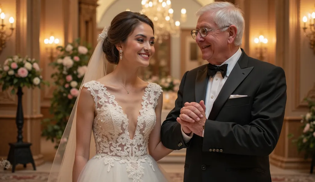 A young, beautiful bride in an elegant white wedding dress with lace sleeves, smiling as she holds hands with an elderly groom wearing a black tuxedo and glasses. The setting is a beautifully decorated wedding venue with warm lighting and floral arrangemen...