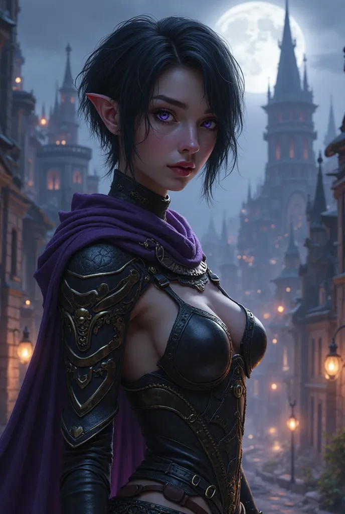 short black hair, chalk white skin, purple eyes, young half elf woman, leather armor with bare midriff, dark purple short cloak, fantasy city background at night
