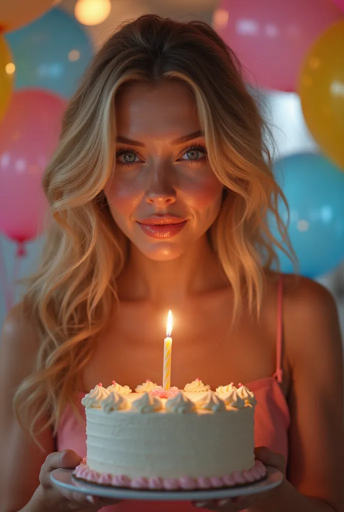 A sexy blonde girl on her birthday with lots of balloons blowing her candle