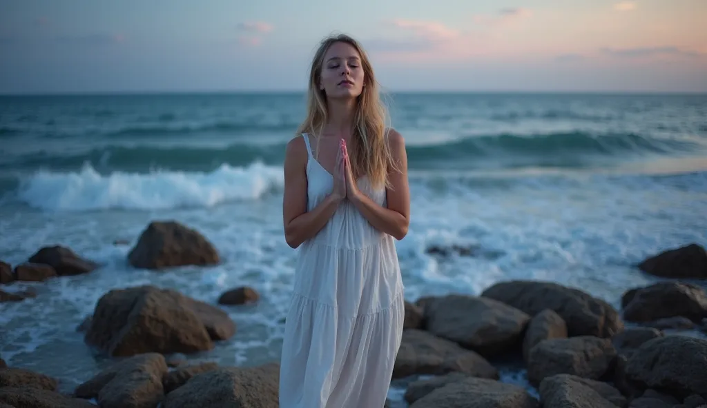 A 35-year-old American woman with long blonde hair stands on a rocky shoreline at dusk, her full body in view as she prays with hands pressed together at chest level. Her eyes are closed, and her face exudes tranquility. She wears a flowing white dress tha...