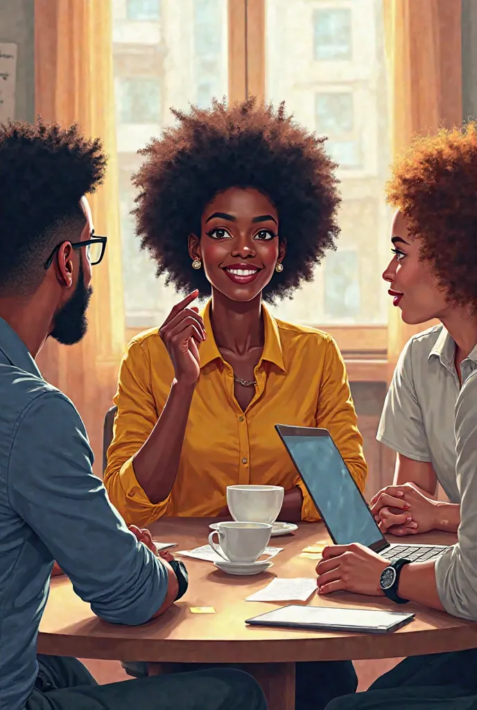 "A cooperative leader, now adopting a more open, relaxed posture, sits at a round table with young employees. Instead of leading from the front, he listens actively. A Black female professional with natural curly hair is sharing an idea, her hand raised sl...