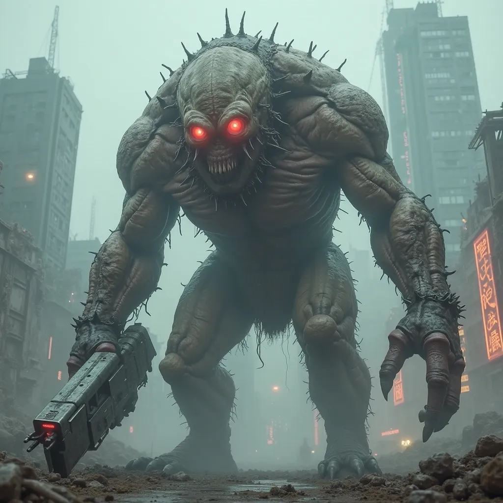 A towering, grotesque bio-engineered creature in a dystopian wasteland, its body a patchwork of scarred flesh and metal implants. Glowing red eyes pierce through the fog, a massive claw-like hand gripping a futuristic weapon, with crumbling skyscrapers and...