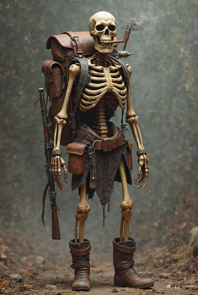 A skeleton complete with, boot, backpack,  capable,Cantil , bayonet,RIFLE, smoking cigar,.