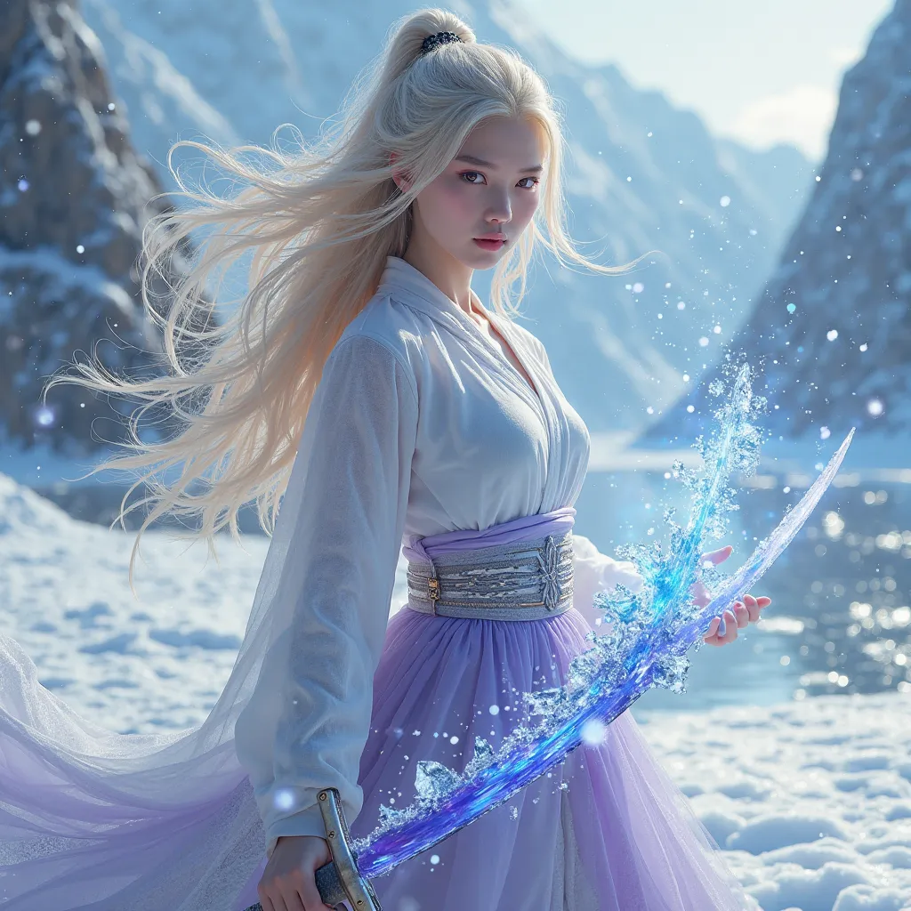 Blonde Asian woman,fiery blue eye, eyes on fire, white, violet,pink,blue clothes,warrior, ninja sword made of ice and snow