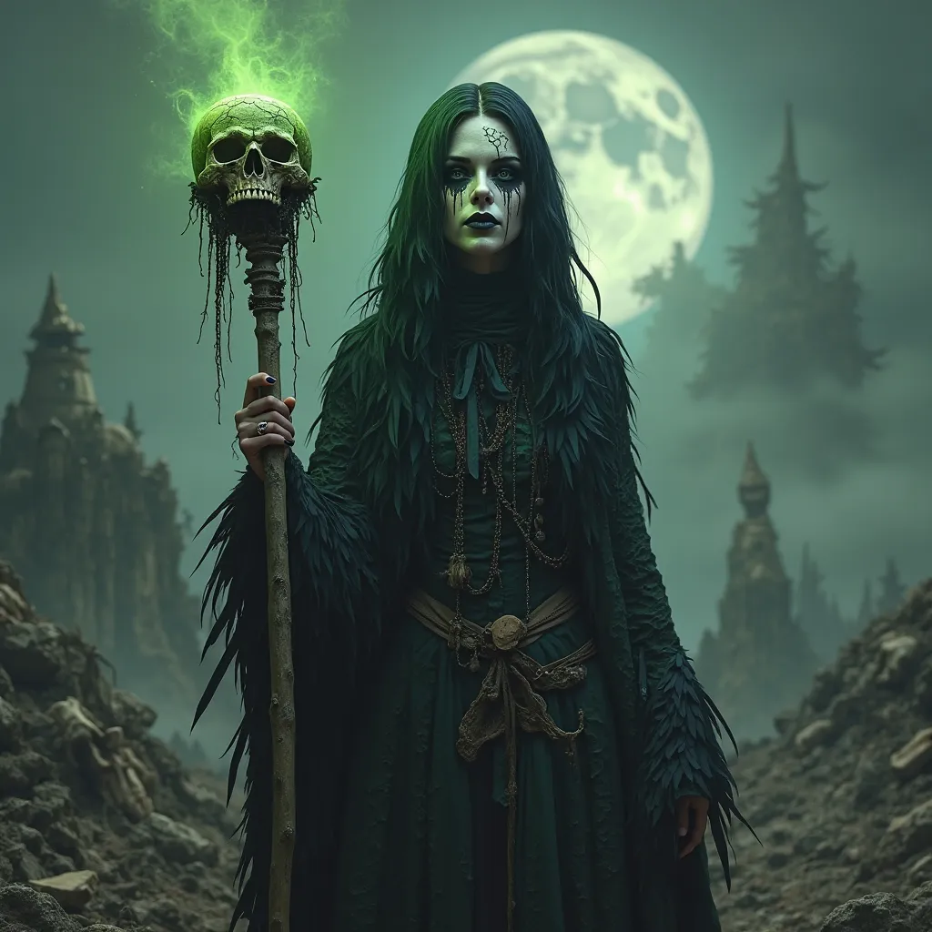 A female figure in a plague-ridden wasteland, her face obscured by a cracked porcelain mask with dark tears painted on it. She wears a shredded cloak of raven feathers, holding a staff topped with a skull emitting a sickly green glow, as skeletal remains a...