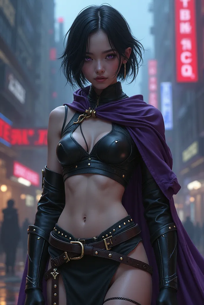 short black hair, chalk white skin, purple eyes, young half elf woman, leather armor with bare midriff, bare thighs, dark purple short cloak, fantasy city background at night
