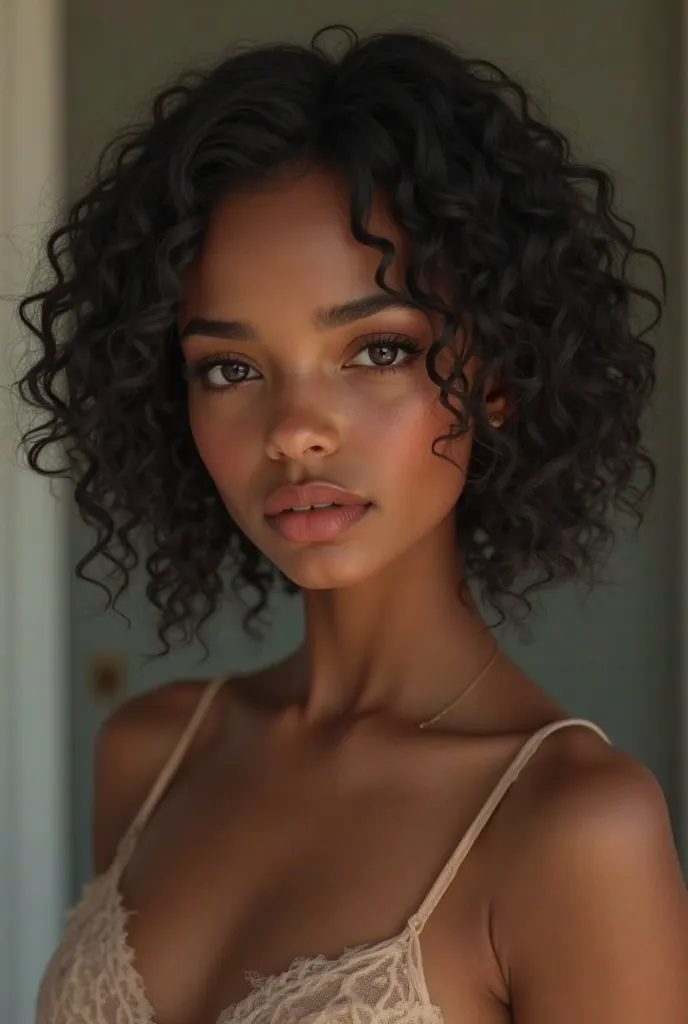 Realistic photo  girl, black eyes, tiny lips, black skin medium black curly hair, thin, she is natural and sweet