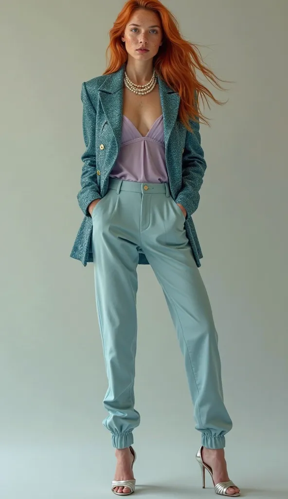 A skinny young model with freckles on her face, long red hair, wearing a sparkly blue-green blazer set with a deep neckline, thin blue-green pants, a lilac shell in the shape of a top, silver heels, pearl necklace accessories, luxurious and sexy designer c...