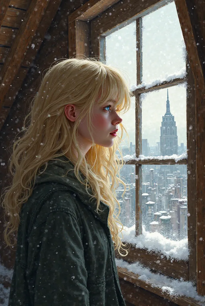 young blonde woman looking out of attic window on a sloping wall. view of winter city outside 