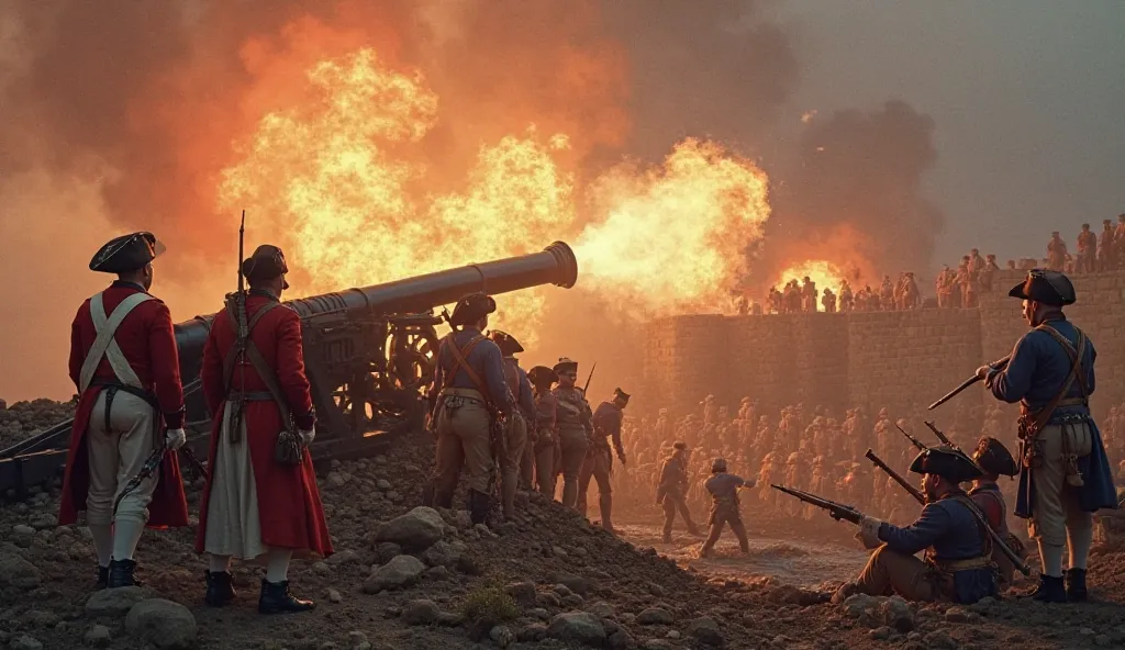 "A highly detailed and ultra-realistic scene from 1741, showing British artillery bombarding the fortifications of Cartagena at dawn. Large naval cannons positioned on high ground fire towards the Spanish defenses, sending plumes of smoke and debris into t...