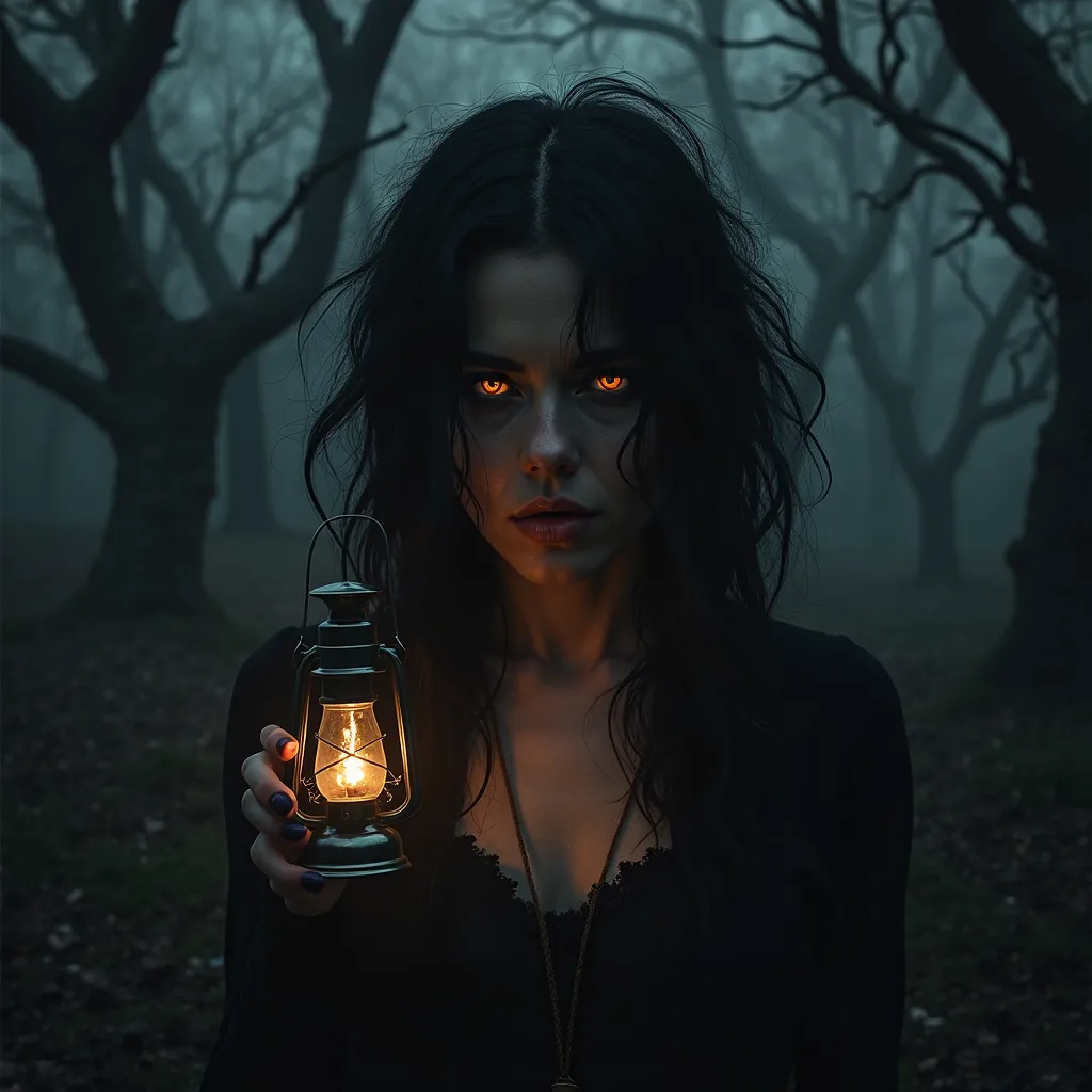 A mysterious woman with a sharp jawline and glowing amber eyes, her face framed by wild, ink-black hair. She’s lit by a single lantern casting eerie shadows, with a dark forest of twisted branches fading into a foggy background