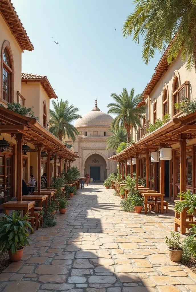 Open market at KSA build with wood and old stone shops with one floor and small shops beside each other and a water fountain in the middle and a cafffe shop and restaurants with outdoor seats and also some wooden pergolas and some kiosks in the end there's...