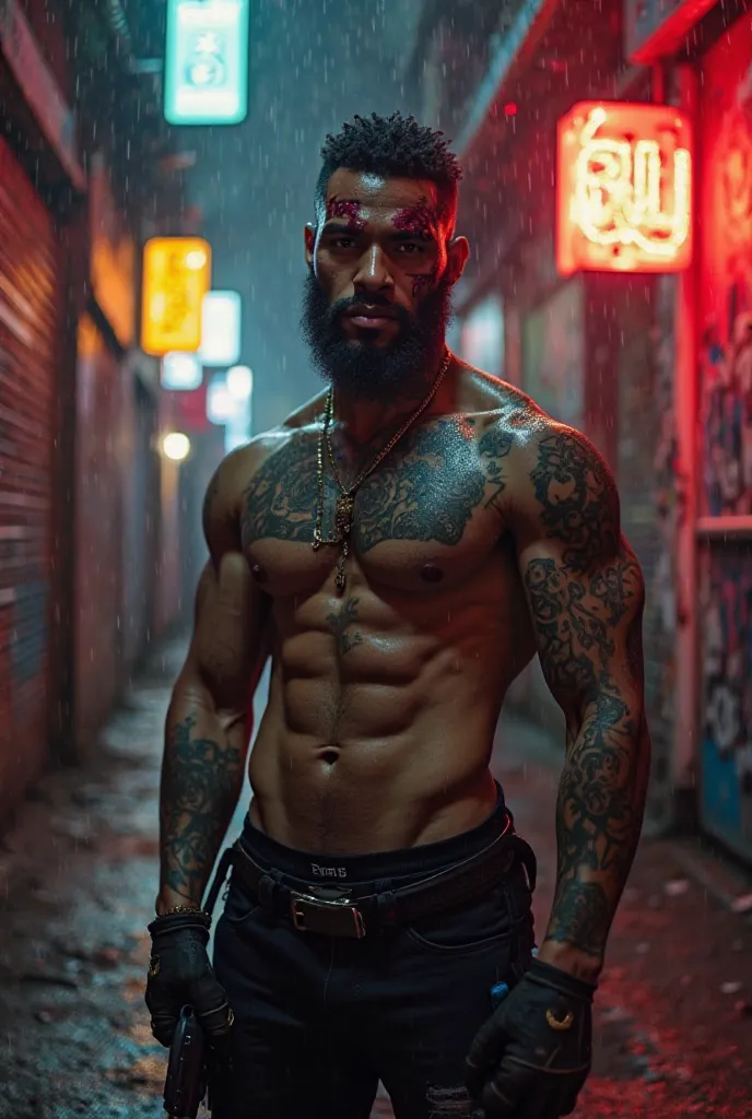 bloods b13 gang, detailed gangsta, muscular build, intense expression, scarred face, tattoos, standing in urban alley, graffiti wall, neon signs, rain, cinematic lighting, gritty, dark, moody, 4k, high quality, ultra-detailed,realistic,photorealistic,HDR,s...