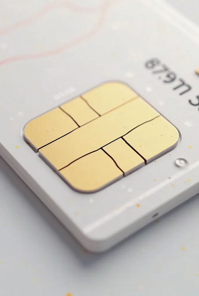 A realistic close-up image of a SIM card. Golden contacts with a shiny texture, precise lines, and a modern minimalist design. A white plastic body with an engraved serial number. The background is neutral or tech-inspired, with a soft glow. Style – highly...