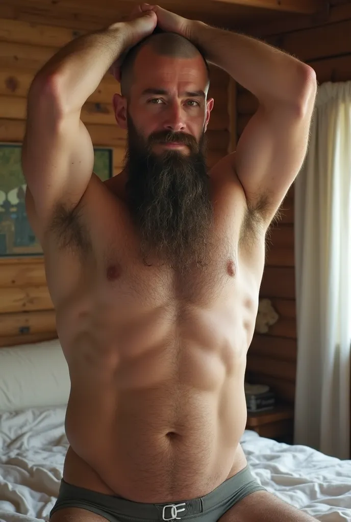 Shaved Head ４８   Japanese man and son   ,  Long beard chest hair  　 thick chest hair 　Excessive chest hair　pubic hair　Floor Along Armpit Hair　Wrist hair 　  completely naked,  are raising their arms and sniffing his armpits　A bright Western-style room　 bed　...