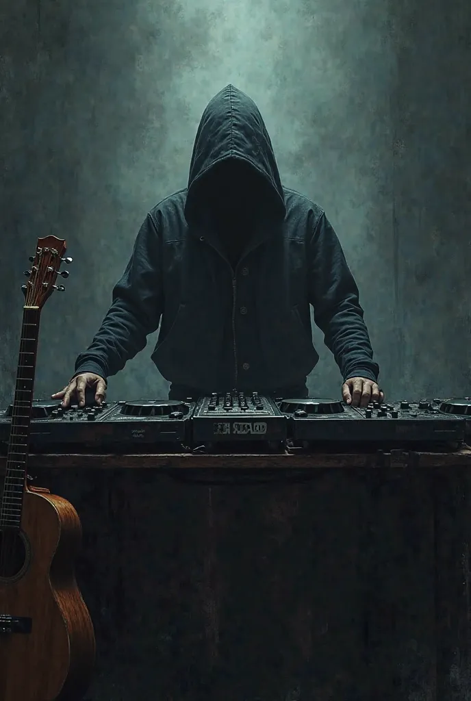  Black hooded dj who can't see his face, dj pult ,dark background, a guitar in front of the dj counter ,