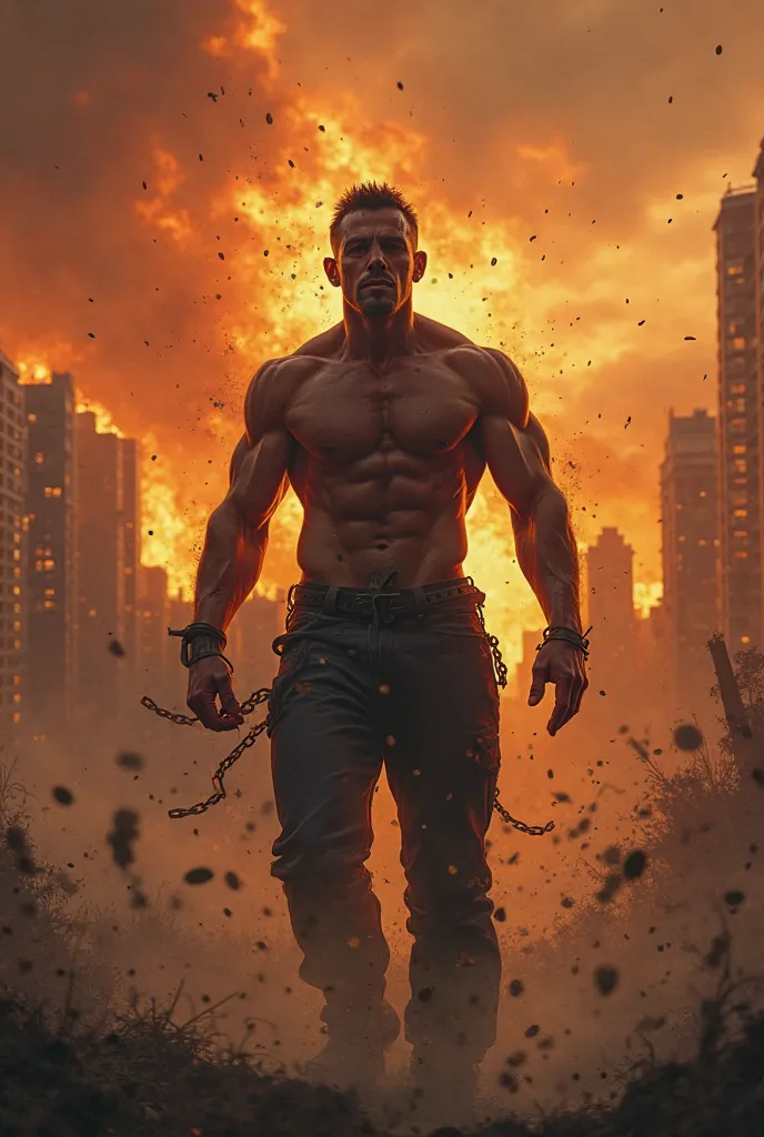 An adult man breaking free from the chains, his hands bleeding, standing against a backdrop of a burning city skyline."