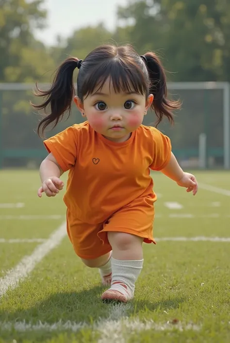 A girl in orange, fat, with white dirty socks on a fotball field. She is like 12